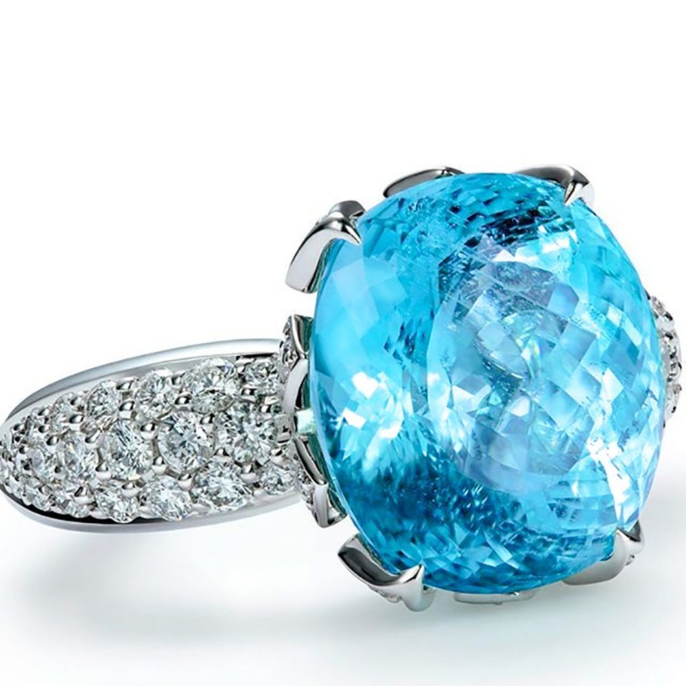 💍 Unique Super Large Oval Lake Blue Gemstone Zircon Rings for Women, PD708